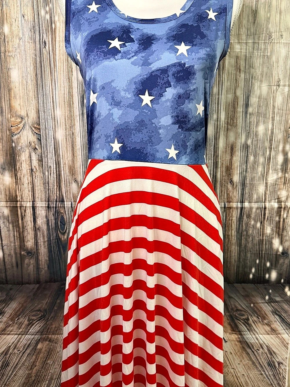 New LuLaRoe Nicki Dress Star Print Striped Maxi Blue & Red Size Small